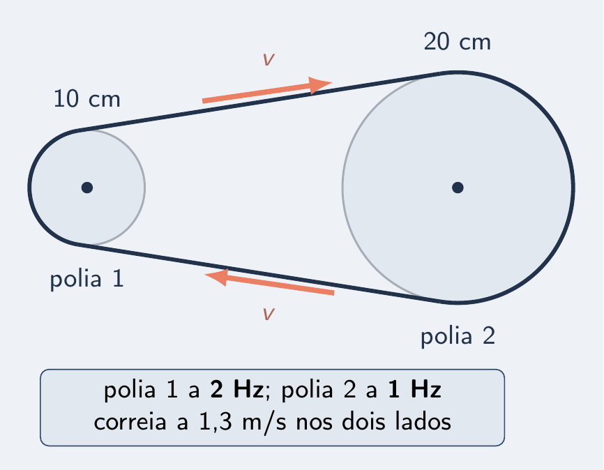 Polias de 10 e 20 cm unidas por correia