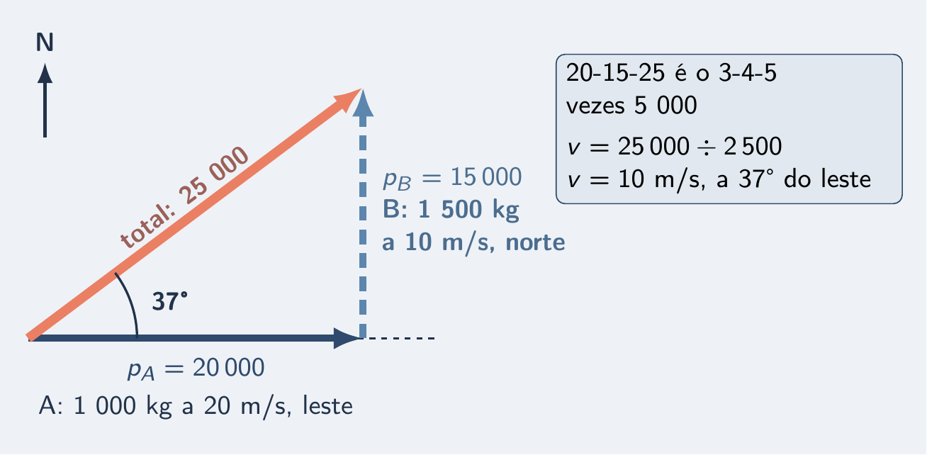 Setas leste e norte fechando um triângulo 3-4-5 com o momento total
