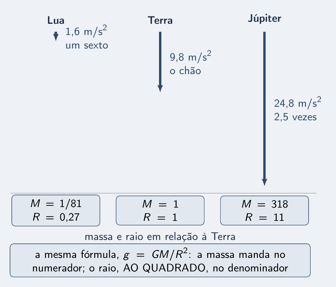 Setas de g da Lua, da Terra e de Júpiter na mesma escala