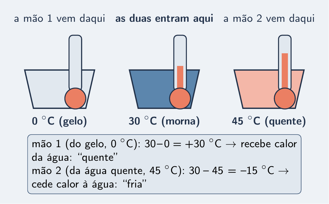 Três bacias a 0, 30 e 45 °C: a do meio parece quente e fria ao mesmo tempo